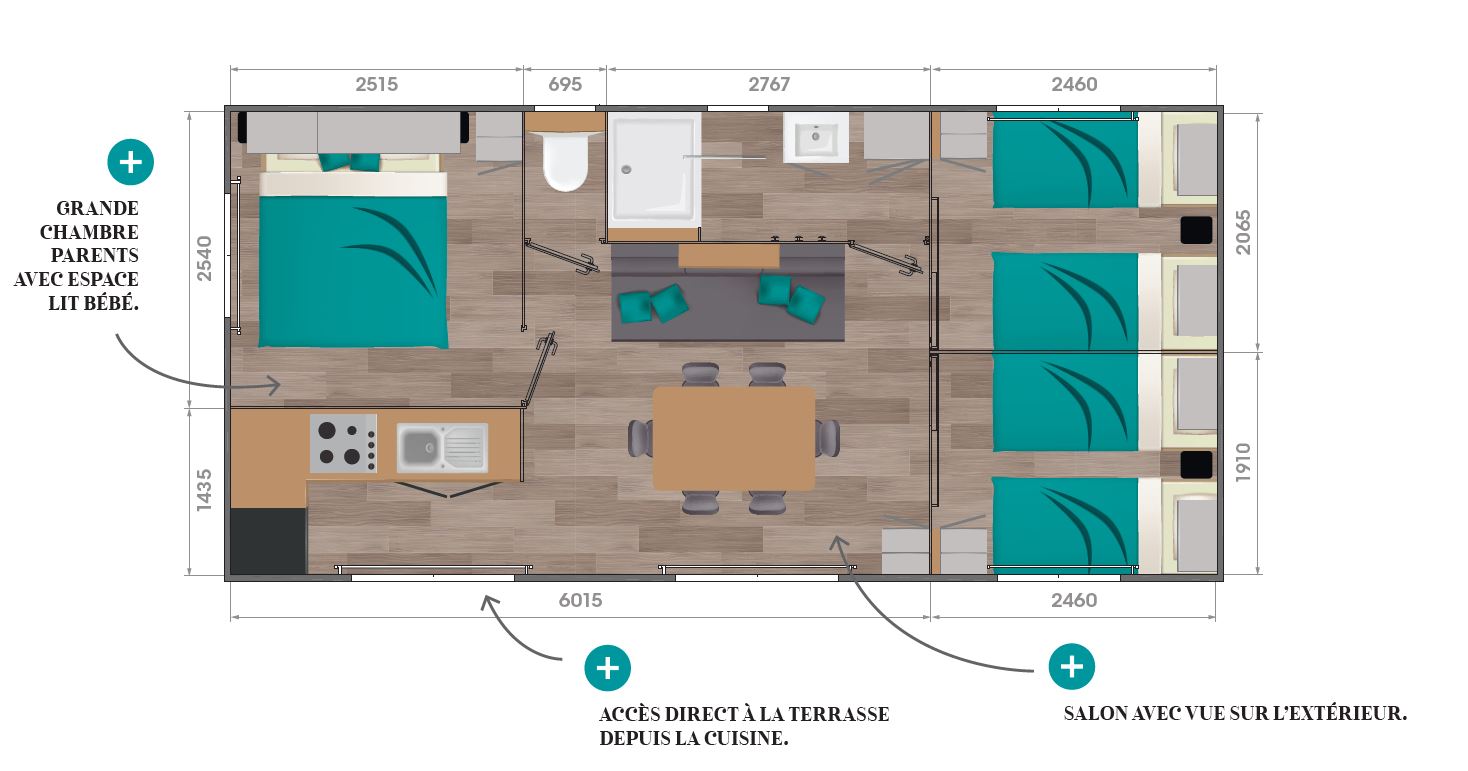 Mobil-home Premium + 3 Chambres 6 Personnes